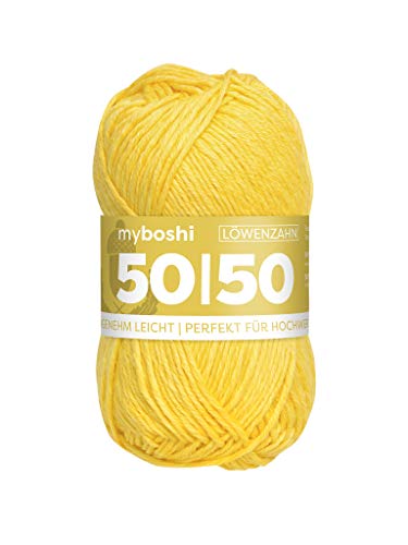 myboshi 50/50-Ganzjahres-Wolle aus Baum- und Merinowolle, für Oberbekleidung geeignet, Mulesing-frei, hochwertiges Häkel-/Strickgarn, 50g, Ll 110m Gelb (Löwenzahn) 1 Knäuel von myboshi