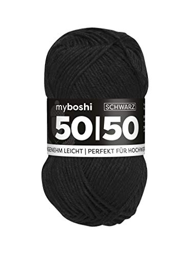 myboshi 50/50-Ganzjahres-Wolle aus Baum- und Merinowolle, für Oberbekleidung geeignet, Mulesing-frei, hochwertiges Häkel-/Strickgarn, 50g, Ll 110m Schwarz (Schwarz) 1 Knäuel von myboshi