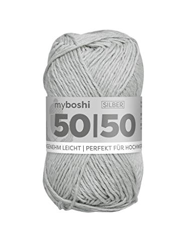 myboshi 50/50-Ganzjahres-Wolle aus Baum- und Merinowolle, für Oberbekleidung geeignet, Mulesing-frei, hochwertiges Häkel-/Strickgarn, 50g, Ll 110m Grau (Silber), 1 Knäuel von myboshi