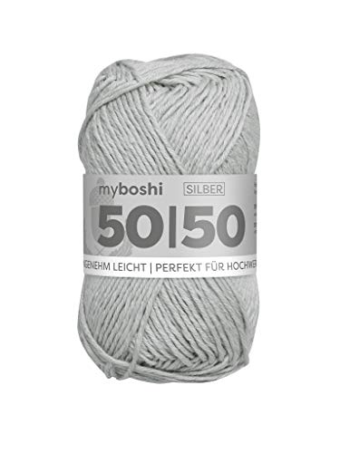 myboshi 50/50-Ganzjahres-Wolle aus Baum- und Merinowolle, für Oberbekleidung geeignet, Mulesing-frei, hochwertiges Häkel-/Strickgarn, 50g, Ll 110m Grau (Silber) 1 Knäuel von myboshi