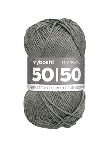 myboshi 50/50-Ganzjahres-Wolle aus Baum- und Merinowolle, für Oberbekleidung geeignet, Mulesing-frei, hochwertiges Häkel-/Strickgarn, 50g, Ll 110m Grau (Titangrau) 1 Knäuel von myboshi