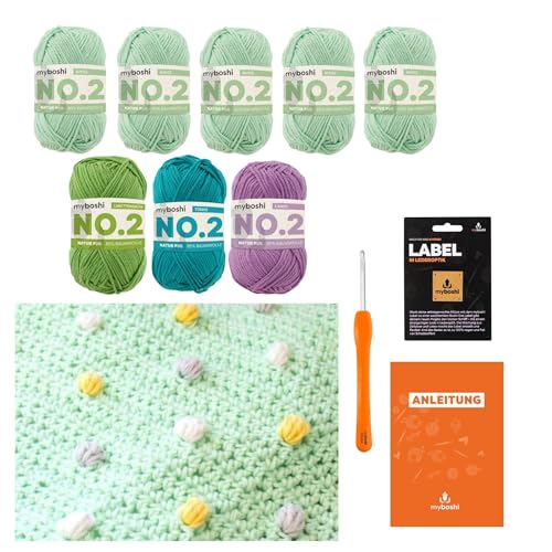 myboshi Häkelset Babydecke Pünktchen für Anfänger, inkl. No.2 Wolle, Nadel und Anleitung, für Babys und Amigurumi, Häkelpaket, 85% Baumwolle, 15% Kapok Grün, mit Häkelnadel von myboshi