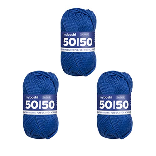 myboshi 50/50-Ganzjahres-Wolle aus Baum- und Merinowolle, für Oberbekleidung geeignet, Mulesing-frei, hochwertiges Häkel-/Strickgarn, 50g, Ll 110m Blau (Saphir) 3 Knäuel von myboshi