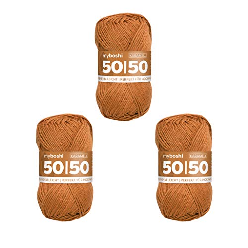 myboshi 50/50-Ganzjahres-Wolle aus Baum- und Merinowolle, für Oberbekleidung geeignet, Mulesing-frei, hochwertiges Häkel-/Strickgarn, 50g, Ll 110m Braun (Karamell), 3 Knäuel von myboshi