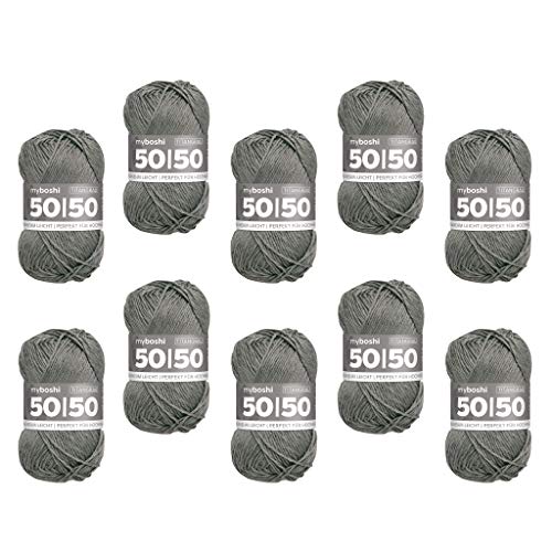 myboshi 50/50-Ganzjahres-Wolle aus Baum- und Merinowolle, für Oberbekleidung geeignet, Mulesing-frei, hochwertiges Häkel-/Strickgarn, 50g, Ll 110m Grau (Titangrau), 10 Knäuel von myboshi