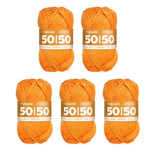 myboshi 50/50-Ganzjahres-Wolle aus Baum- und Merinowolle, für Oberbekleidung geeignet, Mulesing-frei, hochwertiges Häkel-/Strickgarn, 50g, Ll 110m Orange (Aprikose), 5 Knäuel von myboshi