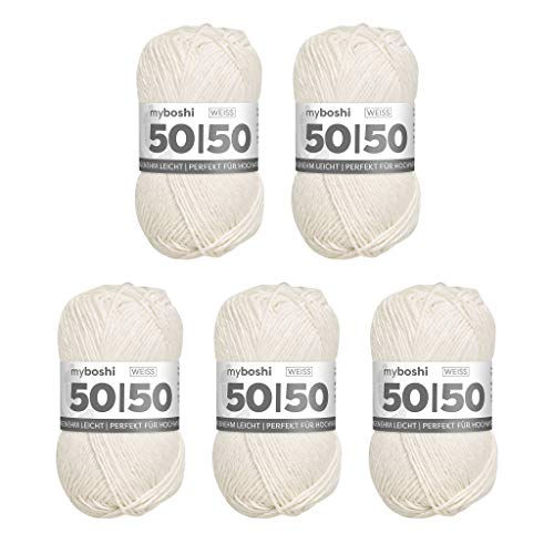 myboshi 50/50-Ganzjahres-Wolle aus Baum- und Merinowolle, für Oberbekleidung geeignet, Mulesing-frei, hochwertiges Häkel-/Strickgarn, 50g, Ll 110m Weiß (Weiß), 5 Knäuel von myboshi