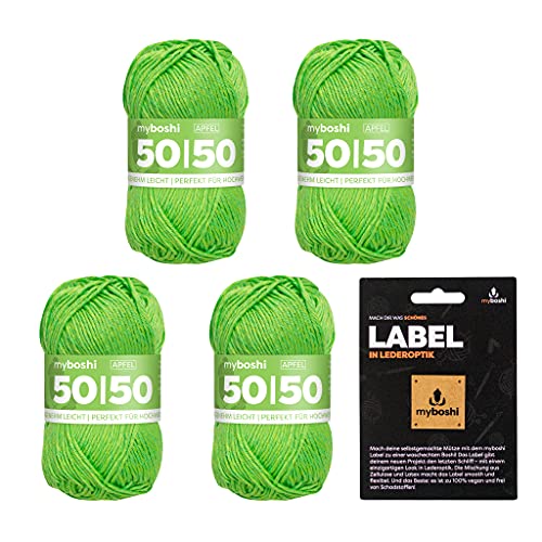 myboshi 50/50 Wolle, Baumwoll-Merino-Mix, hochwertiges Häkelgarn, Strickgarn, inkl. Label, 50% Baumwolle, 50% Wolle (Merino), Ll. 110m/50g, Grün (Apfel), 4 Knäuel von myboshi