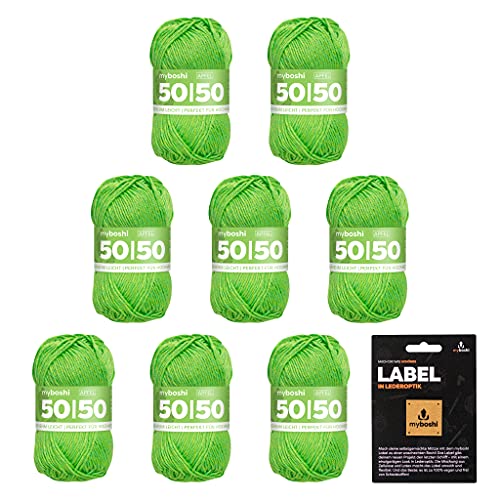 myboshi 50/50 Wolle, Baumwoll-Merino-Mix, hochwertiges Häkelgarn, Strickgarn, inkl. Label, 50% Baumwolle, 50% Wolle (Merino), Ll. 110m/50g, Grün (Apfel), 8 Knäuel von myboshi
