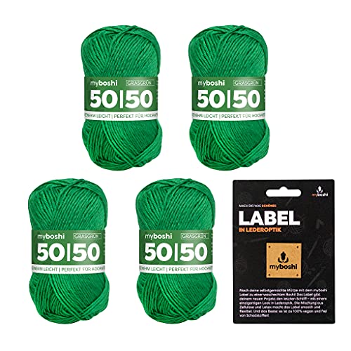 myboshi 50/50 Wolle, Baumwoll-Merino-Mix, hochwertiges Häkelgarn, Strickgarn, inkl. Label, 50% Baumwolle, 50% Wolle (Merino), Ll. 110m/50g, Grün (Grasgrün), 4 Knäuel von myboshi