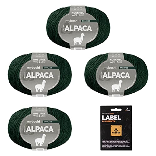 myboshi Alpaca-Wolle inkl. original Label in Lederoptik, zum Häkeln/Stricken, temperaturregulierend, angenehm weich, für Damenoberbekleidung Grün (Smaragd) 4 Knäuel von myboshi