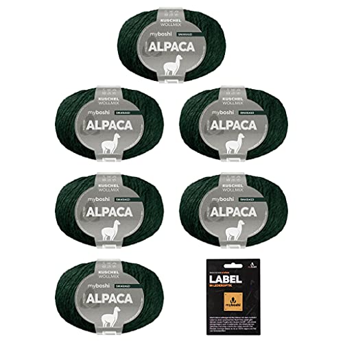 myboshi Alpaca-Wolle inkl. original Label in Lederoptik, zum Häkeln/Stricken, temperaturregulierend, angenehm weich, für Damenoberbekleidung Grün (Smaragd), 6 Knäuel von myboshi