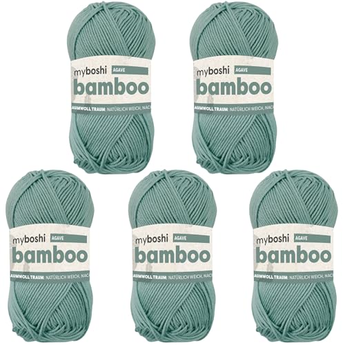 myboshi Bamboo, natürlich weiches Bambus-Baumwollgarn, zum Häkeln und Stricken, strapazierfähig, 50g, 125m, Grün (Agave) 5 Knäuel von myboshi