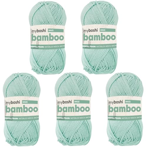 myboshi Bamboo, natürlich weiches Bambus-Baumwollgarn, zum Häkeln und Stricken, strapazierfähig, 50g, 125m, Grün (Minze) 5 Knäuel von myboshi