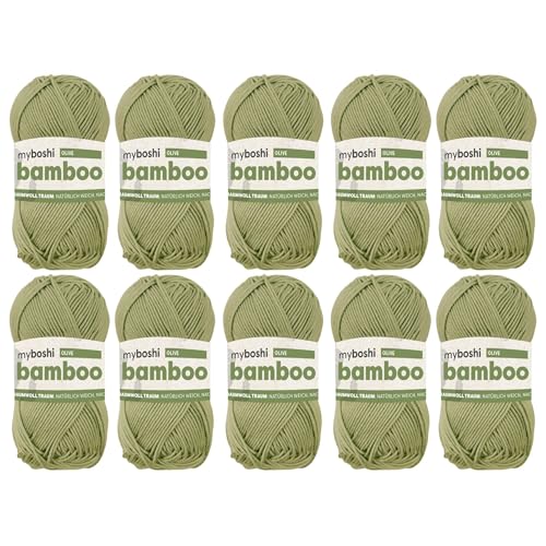myboshi Bamboo, natürlich weiches Bambus-Baumwollgarn, zum Häkeln und Stricken, strapazierfähig, 50g, 125m, Grün (Olive), 10 Knäuel von myboshi