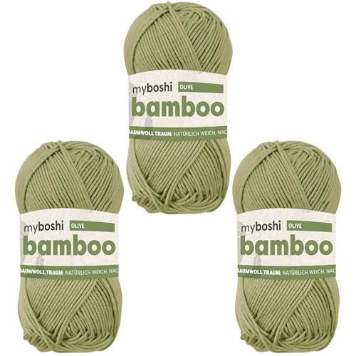 myboshi Bamboo, natürlich weiches Bambus-Baumwollgarn, zum Häkeln und Stricken, strapazierfähig, 50g, 125m, Grün (Olive) 3 Knäuel von myboshi