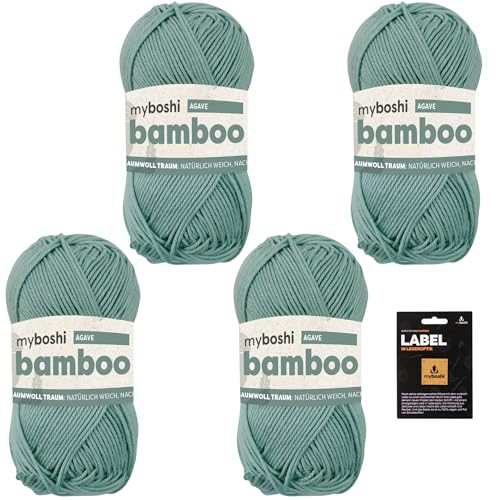 myboshi Bamboo, super weiches Bambus-Baumwollgarn, zum Häkeln und Stricken, strapazierfähig, für Bekleidung und Amigurumi, 60% Viskose, 40% Baumwolle, Grün (Agave) 4 Knäuel von myboshi