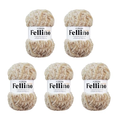 myboshi Fellino, flauschige Fellwolle, zum Häkeln und Stricken, Teddywolle in Felloptik, super bulky, 100g, Ll 65m Beige (Kiiro) 5 Knäuel von myboshi