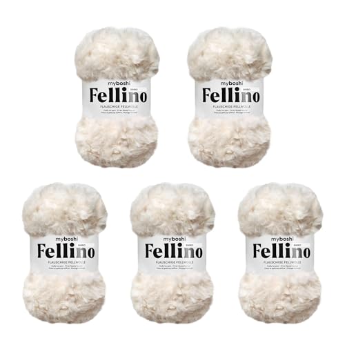myboshi Fellino, flauschige Fellwolle, zum Häkeln und Stricken, Teddywolle in Felloptik, super bulky, 100g, Ll 65m Weiß (Shiro) 5 Knäuel von myboshi