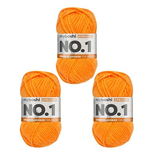 myboshi No.1-Wolle zum Häkeln und Stricken, Schnellstrickgarn, langlebige Mützenwolle, Mulesing-frei, 50g, Ll 55m Orange (Aprikose) 3 Knäuel von myboshi