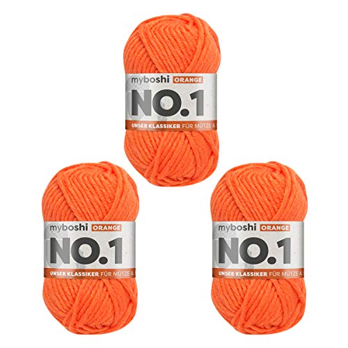 myboshi No.1-Wolle zum Häkeln und Stricken, Schnellstrickgarn, langlebige Mützenwolle, Mulesing-frei, 50g, Ll 55m Orange (Orange) 3 Knäuel von myboshi