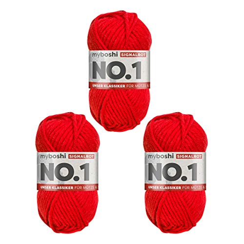 myboshi No.1-Wolle zum Häkeln und Stricken, Schnellstrickgarn, langlebige Mützenwolle, Mulesing-frei, 50g, Ll 55m Rot (Signalrot) 3 Knäuel von myboshi