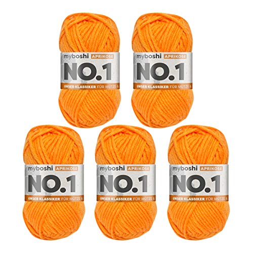 myboshi No.1-Wolle zum Häkeln und Stricken, Schnellstrickgarn, langlebige Mützenwolle, Mulesing-frei, 50g, Ll 55m Orange (Aprikose) 5 Knäuel von myboshi