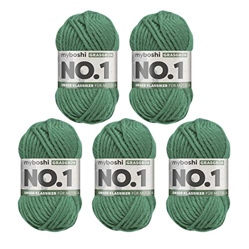 myboshi No.1-Wolle zum Häkeln und Stricken, Schnellstrickgarn, langlebige Mützenwolle, Mulesing-frei, 50g, Ll 55m Grün (Grasgrün) 5 Knäuel von myboshi