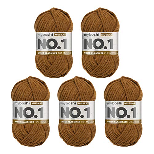 myboshi No.1-Wolle zum Häkeln und Stricken, Schnellstrickgarn, langlebige Mützenwolle, Mulesing-frei, 50g, Ll 55m Braun (Muskat) 5 Knäuel von myboshi