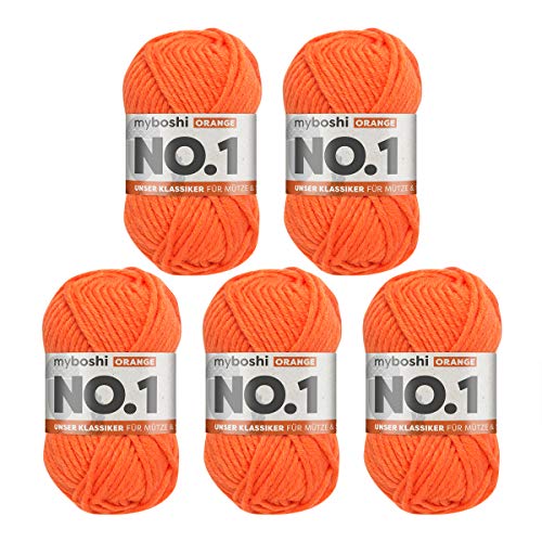 myboshi No.1-Wolle zum Häkeln und Stricken, Schnellstrickgarn, langlebige Mützenwolle, Mulesing-frei, 50g, Ll 55m Orange (Orange) 5 Knäuel von myboshi