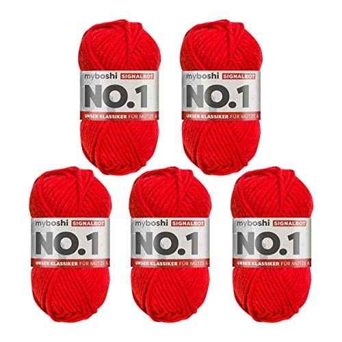 myboshi No.1-Wolle zum Häkeln und Stricken, Schnellstrickgarn, langlebige Mützenwolle, Mulesing-frei, 50g, Ll 55m Rot (Signalrot) 5 Knäuel von myboshi