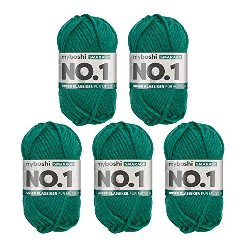myboshi No.1-Wolle zum Häkeln und Stricken, Schnellstrickgarn, langlebige Mützenwolle, Mulesing-frei, 50g, Ll 55m Grün (Smaragd) 5 Knäuel von myboshi