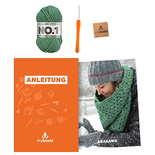 myboshi Häkelset Schlauchschal Arakawa, inkl. No.1 Wolle, Nadel und Anleitung, original Label, DIY-Häkelpaket, 30% Merinowolle Grün mit Häkelnadel von myboshi