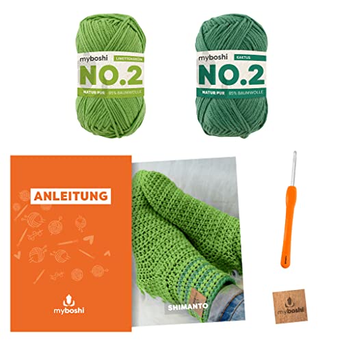 myboshi Häkelset Socken Shimanto, Häkelset für Anfänger, inkl. No.2 Wolle, Häkelnadel und Anleitung, Label, Häkelpaket, 85% Baumwolle, 15% Kapok Grün, mit Häkelnadel von myboshi