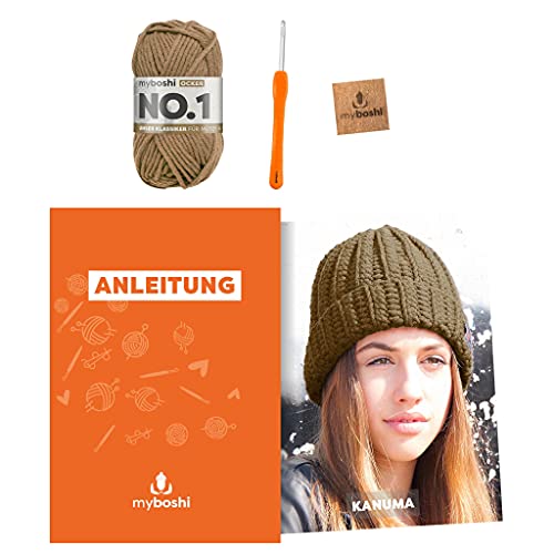 myboshi Häkelset Wintermütze Kanuma, inkl. No.1 Wolle, Nadel und Anleitung, für Mützen und Schals, Häkelpaket, 30% Merinowolle Braun mit Häkelnadel von myboshi