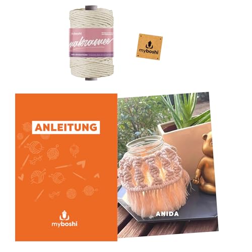 myboshi Makramee-Set Windlicht Anida für Anfänger, inkl. Makramee-Garn, Anleitung, original Label in Lederoptik, 100% Baumwolle Beige (Natur) mit Anleitung von myboshi
