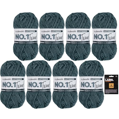myboshi No.1 Tweed, Schnellstrickgarn in Tweed-Optik, mit Label, mulesing-freie Mützenwolle, Strickwolle, Häkelwolle, pflegeleicht, 50g, Ll 55m Grün (Kupfergrün) 8 Knäuel von myboshi