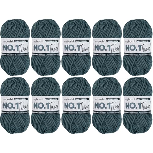 myboshi No.1 Tweed, zum Häkeln und Stricken, Schnellstrickgarn, mulesing-freie Mützenwolle, Strickwolle, Häkelwolle, 50g, Ll 55m Grün (Kupfergrün), 10 Knäuel von myboshi