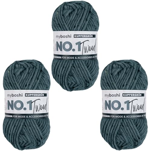 myboshi No.1 Tweed, zum Häkeln und Stricken, Schnellstrickgarn, mulesing-freie Mützenwolle, Strickwolle, Häkelwolle, 50g, Ll 55m Grün (Kupfergrün) 3 Knäuel von myboshi