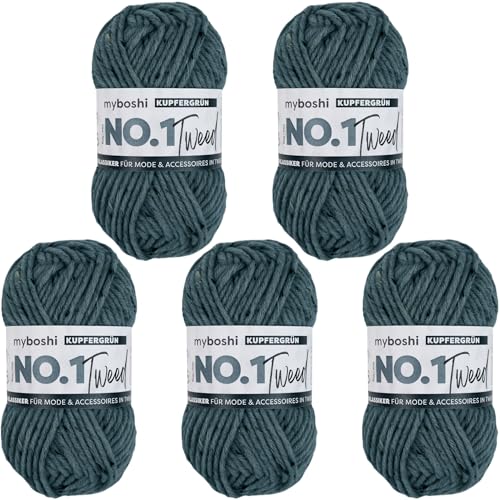 myboshi No.1 Tweed, zum Häkeln und Stricken, Schnellstrickgarn, mulesing-freie Mützenwolle, Strickwolle, Häkelwolle, 50g, Ll 55m Grün (Kupfergrün) 5 Knäuel von myboshi
