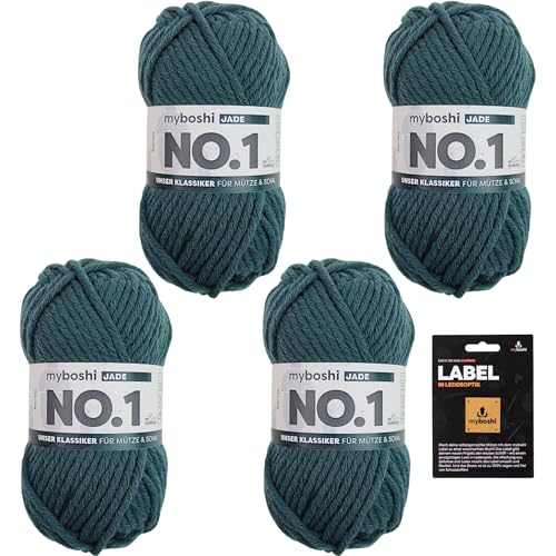 myboshi No.1 Wolle zum Häkeln und Stricken, Schnellstrickgarn, inkl. Label, Strickwolle, Häkelwolle, mulesing-frei, Ll. 55m /50g, 30% Wolle (Merinowolle) Grün (Jade) 4 Knäuel von myboshi