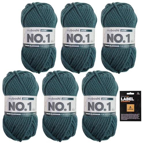 myboshi No.1 Wolle zum Häkeln und Stricken, Schnellstrickgarn, inkl. Label, Strickwolle, Häkelwolle, mulesing-frei, Ll. 55m /50g, 30% Wolle (Merinowolle) Grün (Jade) 6 Knäuel von myboshi