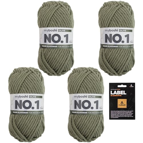 myboshi No.1 Wolle zum Häkeln und Stricken, Schnellstrickgarn, inkl. Label, Strickwolle, Häkelwolle, mulesing-frei, Ll. 55m /50g, 30% Wolle (Merinowolle) Grün (Olive) 4 Knäuel von myboshi