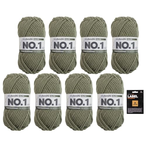 myboshi No.1 Wolle zum Häkeln und Stricken, Schnellstrickgarn, inkl. Label, Strickwolle, Häkelwolle, mulesing-frei, Ll. 55m /50g, 30% Wolle (Merinowolle) Grün (Olive) 8 Knäuel von myboshi