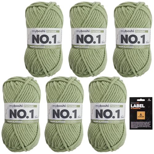 myboshi No.1 Wolle zum Häkeln und Stricken, Schnellstrickgarn, inkl. Label, Strickwolle, Häkelwolle, mulesing-frei, Ll. 55m /50g, 30% Wolle (Merinowolle) Grün (Pistazie) 6 Knäuel von myboshi