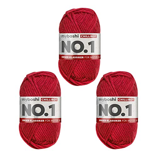 myboshi No.1-Wolle zum Häkeln und Stricken, Schnellstrickgarn, langlebige Mützenwolle, Mulesing-frei, 50g, Ll 55m Rot (Chillirot) 3 Knäuel von myboshi