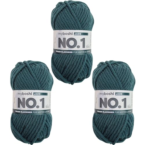 myboshi No.1 Wolle zum Häkeln und Stricken, Schnellstrickgarn, langlebige Mützenwolle, Strickwolle, Häkelwolle, mulesing-frei, 50g, Ll 55m Grün (Jade) 3 Knäuel von myboshi