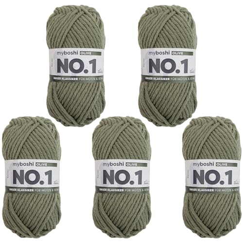 myboshi No.1 Wolle zum Häkeln und Stricken, Schnellstrickgarn, langlebige Mützenwolle, Strickwolle, Häkelwolle, mulesing-frei, 50g, Ll 55m Grün (Olive) 5 Knäuel von myboshi