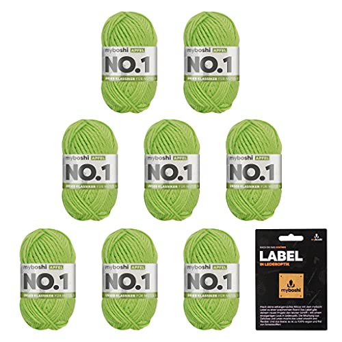 myboshi No.1 Wolle zum Häkeln und Stricken, Schnellstrickgarn, inkl. Label, Strickwolle, Häkelwolle, mulesing-frei, Ll. 55m /50g, 30% Wolle (Merinowolle) Grün (Apfel) 8 Knäuel von myboshi