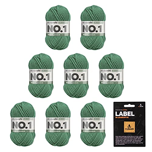 myboshi No.1 Wolle zum Häkeln und Stricken, Schnellstrickgarn, inkl. Label, Strickwolle, Häkelwolle, mulesing-frei, Ll. 55m /50g, 30% Wolle (Merinowolle) Grün (Grasgrün) 8 Knäuel von myboshi
